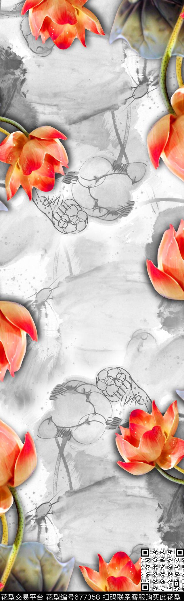 围巾荷花荷叶数码印花华亿平台下载（图片编号: 677358） - 瓦栏（Walan）