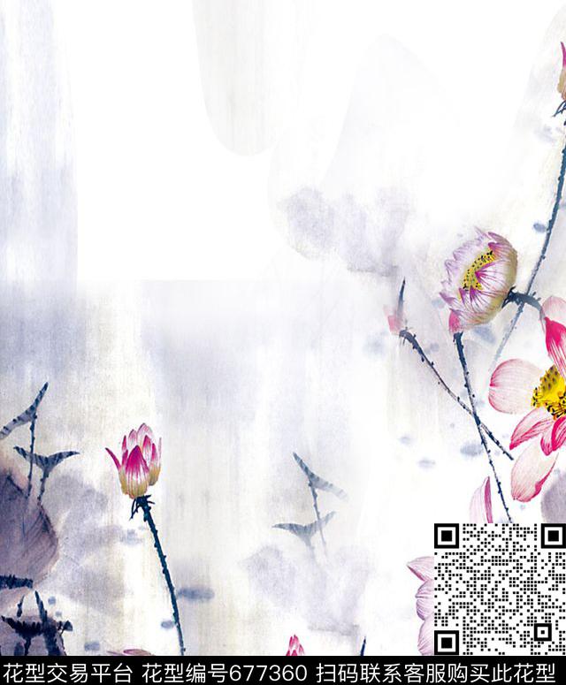 水墨中国风牡丹数码印花华亿平台下载（图片编号: 677360） - 瓦栏（Walan）