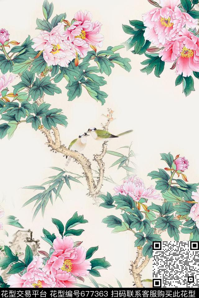 面料花牡丹流行时尚循环回位四方连续数码印花华亿平台下载（图片编号: 677363） - 瓦栏（Walan）