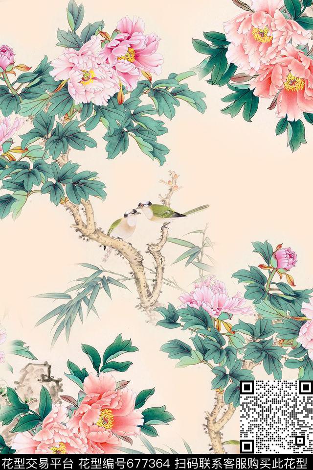 面料花牡丹流行时尚循环回位四方连续数码印花华亿平台下载（图片编号: 677364） - 瓦栏（Walan）