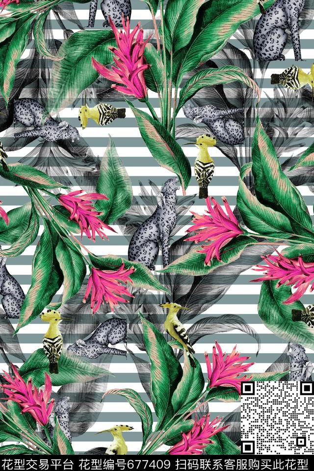 棕榈叶热带几何数码印花华亿平台下载（图片编号: 677409） - 瓦栏（Walan）