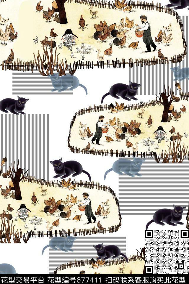 田园风。山水画数码印花华亿平台下载（图片编号: 677411） - 瓦栏（Walan）