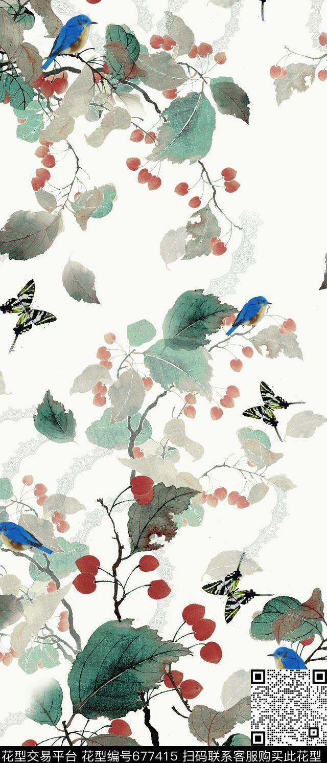 中国风花鸟蝴蝶数码印花华亿平台下载（图片编号: 677415） - 瓦栏（Walan）