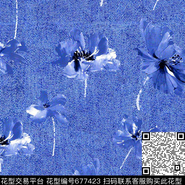 小清新花卉牛仔纹数码印花华亿平台下载（图片编号: 677423） - 瓦栏（Walan）