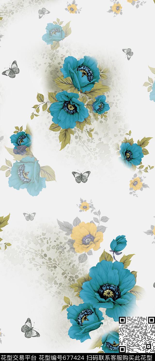 清新典雅花卉水墨底纹数码印花华亿平台下载（图片编号: 677424） - 瓦栏（Walan）