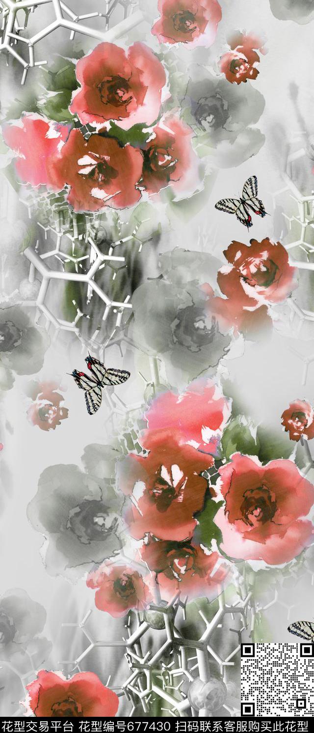 水彩花卉抽象几何数码印花华亿平台下载（图片编号: 677430） - 瓦栏（Walan）