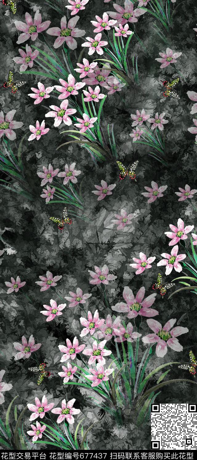 水墨花卉小花中国风数码印花华亿平台下载（图片编号: 677437） - 瓦栏（Walan）