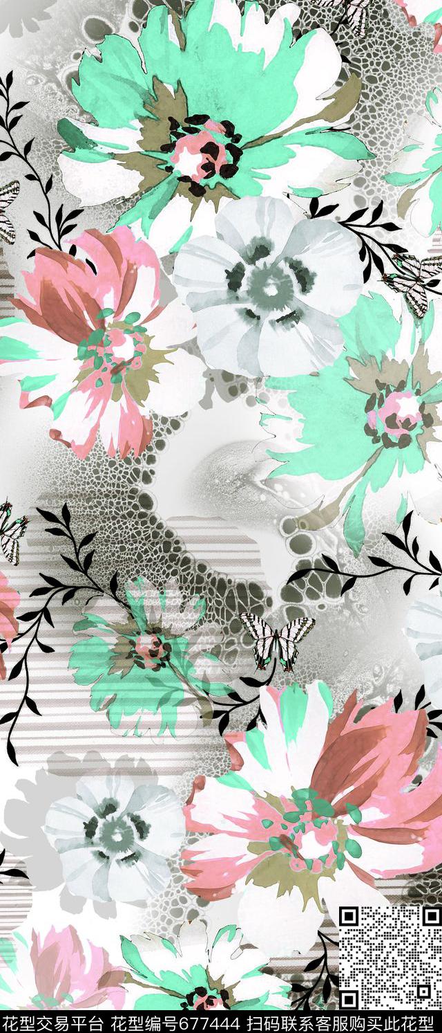 花卉花朵抽象几何数码印花华亿平台下载（图片编号: 677444） - 瓦栏（Walan）