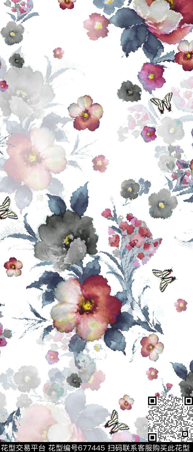 水彩花水墨花卉数码印花华亿平台下载（图片编号: 677445） - 瓦栏（Walan）