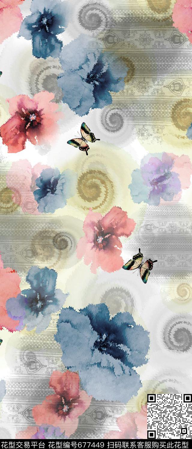 花卉水彩花抽象几何数码印花华亿平台下载（图片编号: 677449） - 瓦栏（Walan）