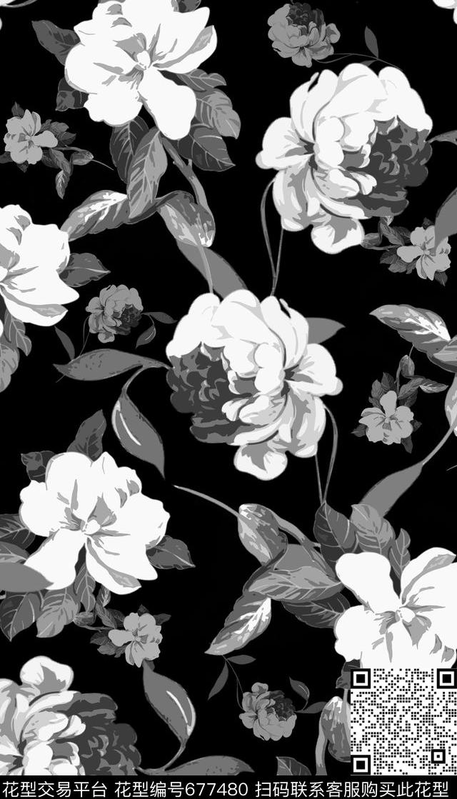 黑白复古花卉女装泳装数码印花华亿平台下载（图片编号: 677480） - 瓦栏（Walan）