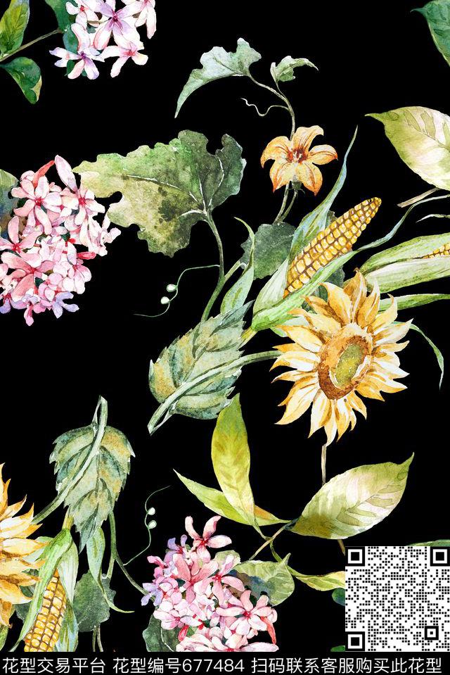 向日葵兰花花卉数码印花华亿平台下载（图片编号: 677484） - 瓦栏（Walan）