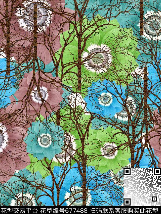 手绘枯树花卉数码印花华亿平台下载（图片编号: 677488） - 瓦栏（Walan）