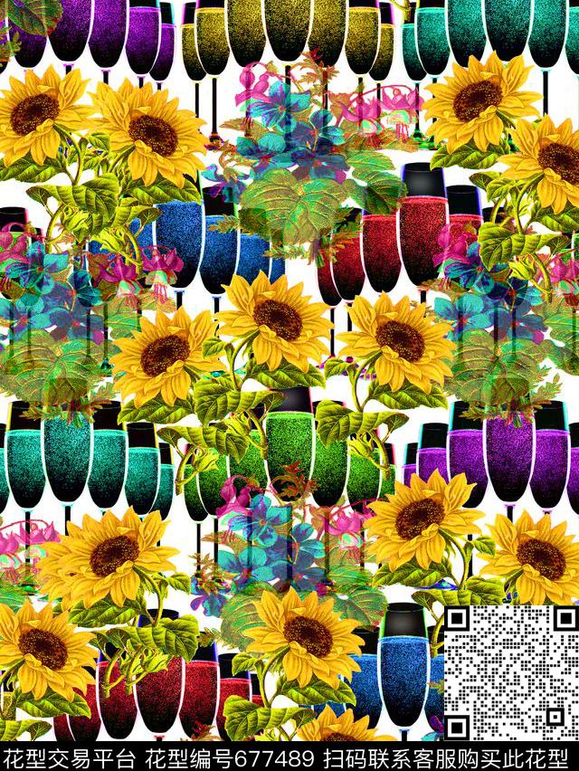花卉酒杯炫彩数码印花华亿平台下载（图片编号: 677489） - 瓦栏（Walan）