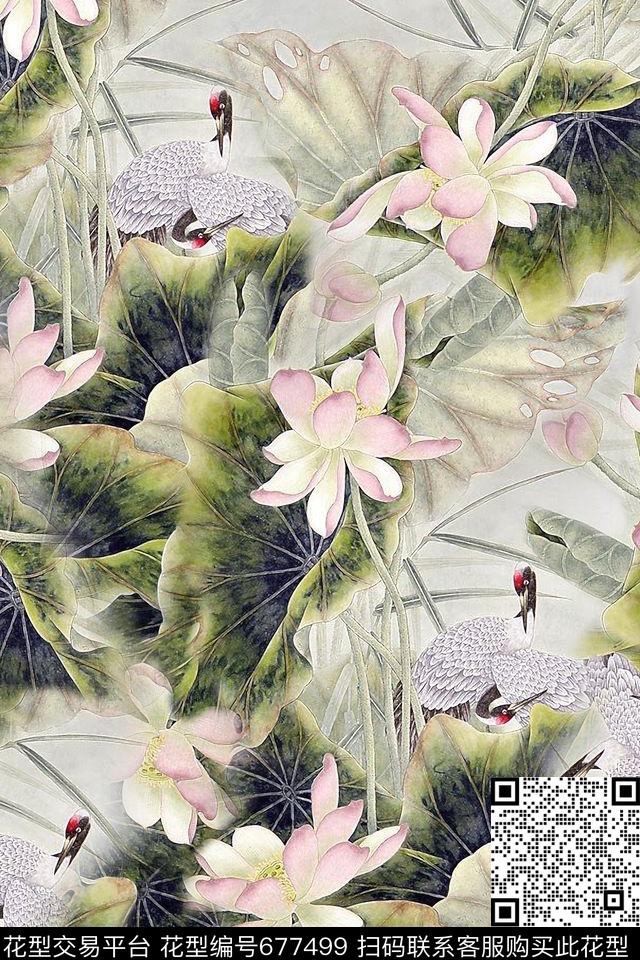 荷花水墨花卉数码印花华亿平台下载（图片编号: 677499） - 瓦栏（Walan）