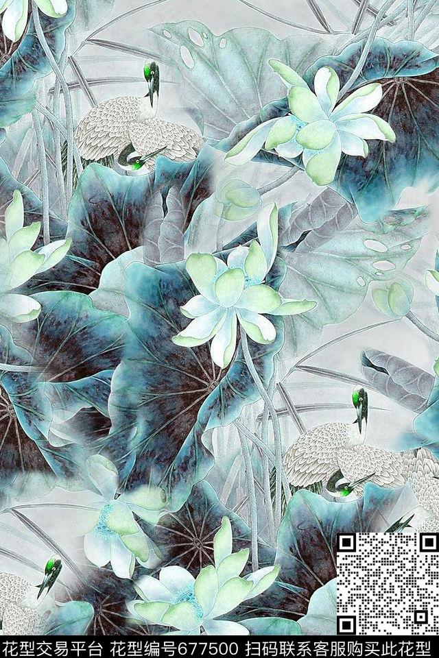 荷花水墨花卉数码印花华亿平台下载（图片编号: 677500） - 瓦栏（Walan）