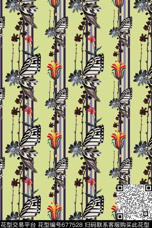几何线条蝴蝶小花数码印花华亿平台下载（图片编号: 677528） - 瓦栏（Walan）
