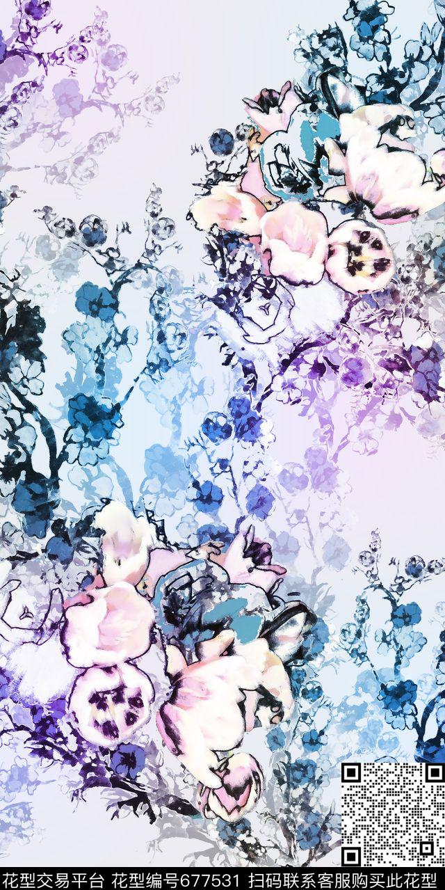 大花小碎花彩色数码印花华亿平台下载（图片编号: 677531） - 瓦栏（Walan）