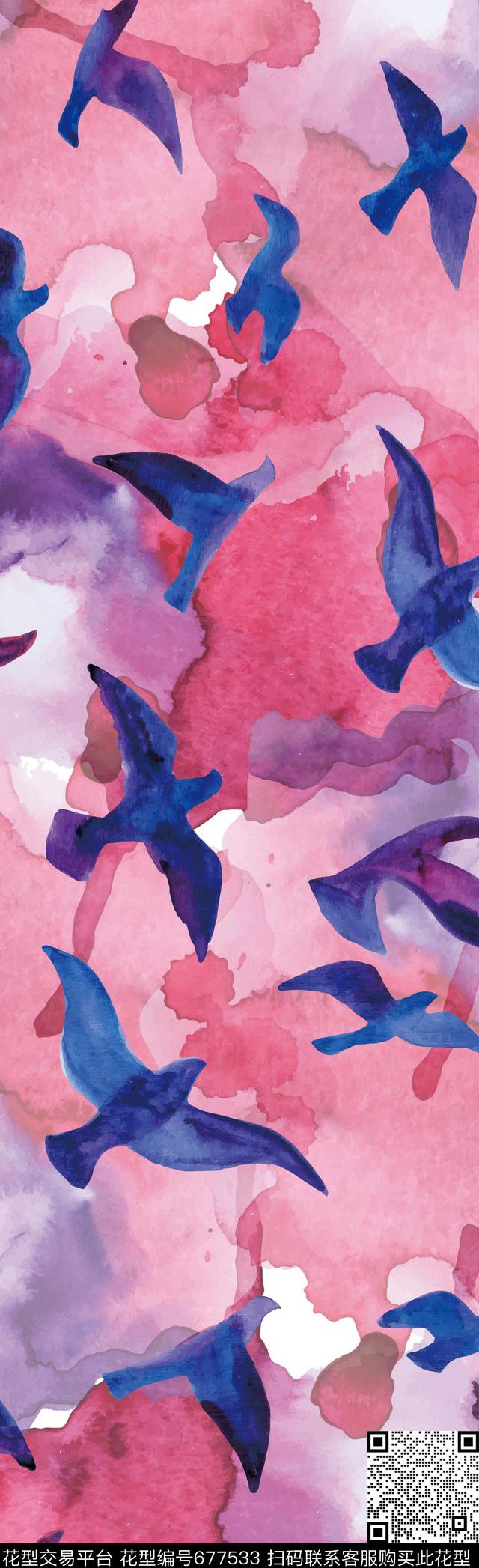 长丝巾鸟笔刷底纹长巾数码印花华亿平台下载（图片编号: 677533） - 瓦栏（Walan）