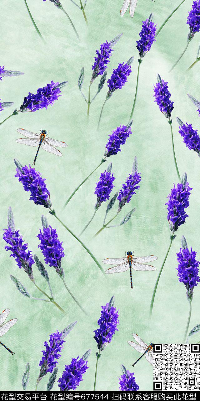 清爽朦胧底薰衣草蜻蜓数码印花华亿平台下载（图片编号: 677544） - 瓦栏（Walan）