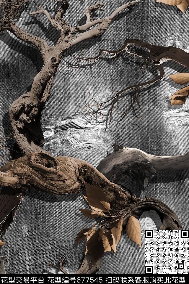 枯树枯叶牛仔纹数码印花华亿平台下载（图片编号: 677545） - 瓦栏（Walan）