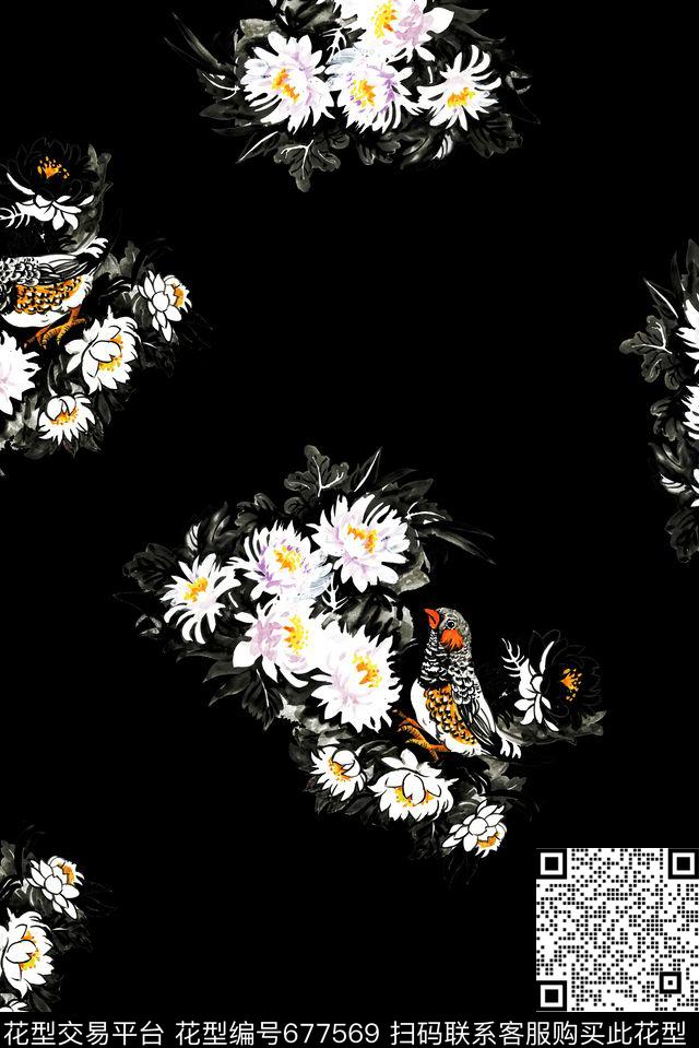手绘黑底花卉数码印花华亿平台下载（图片编号: 677569） - 瓦栏（Walan）