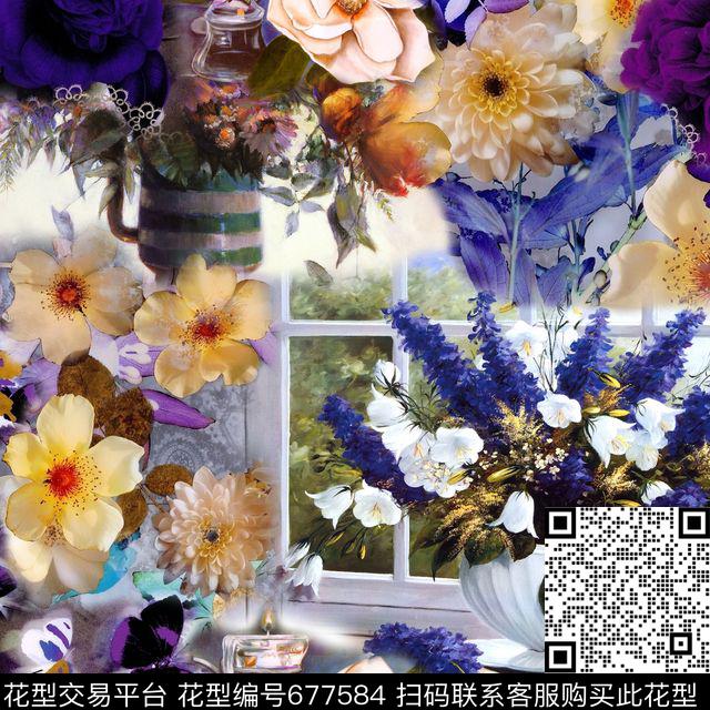此华亿平台为1/2跳接兰花花朵数码印花华亿平台下载（图片编号: 677584） - 瓦栏（Walan）