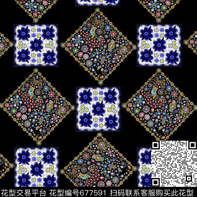 民族小方巾花卉珠宝宝石饰图案印花华亿平台下载（图片编号: 677591） - 瓦栏（Walan）