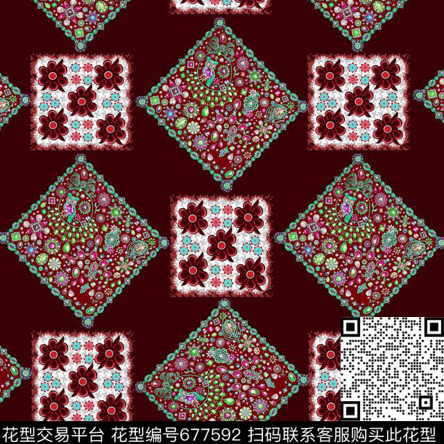 民族小方巾花卉珠宝宝石饰图案印花华亿平台下载（图片编号: 677592） - 瓦栏（Walan）