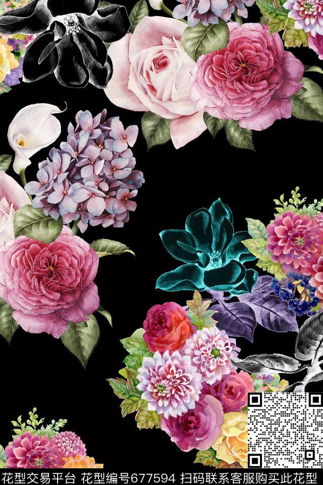 手绘清爽花卉数码印花华亿平台下载（图片编号: 677594） - 瓦栏（Walan）