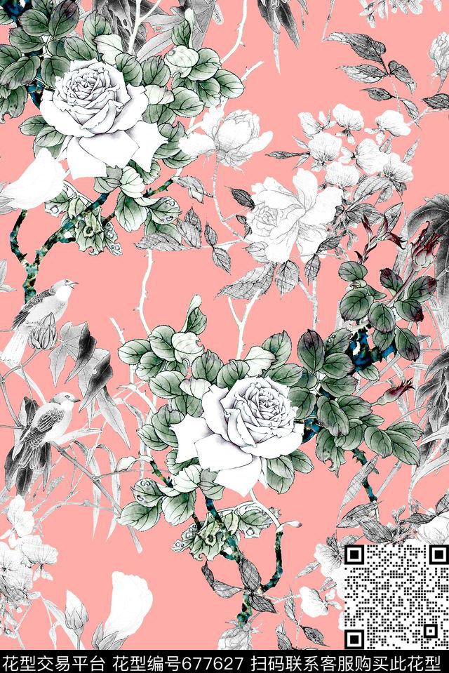 中国风牡丹黑白数码印花华亿平台下载（图片编号: 677627） - 瓦栏（Walan）