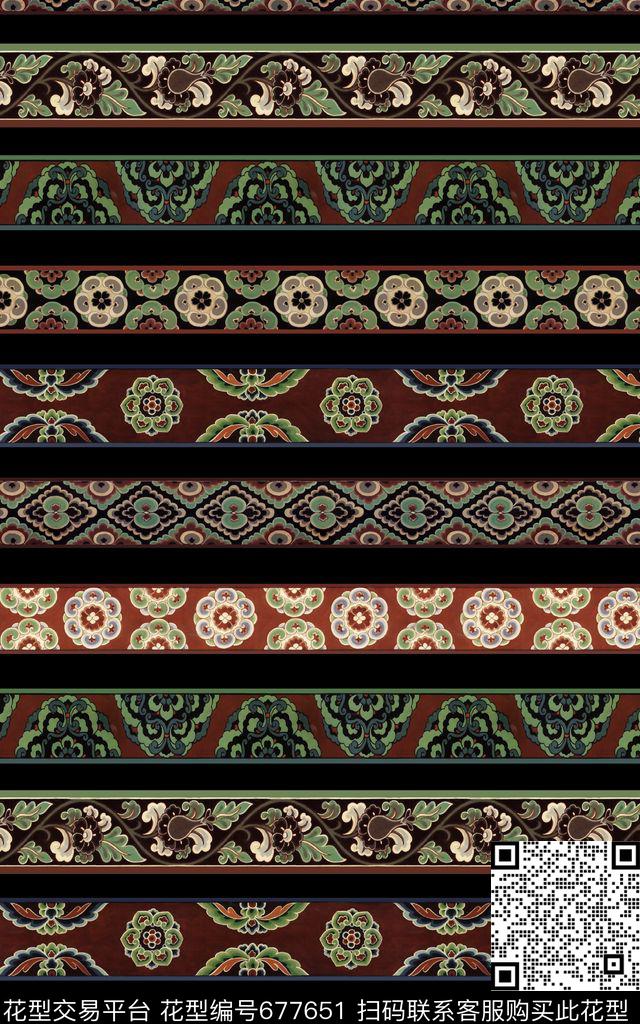 条纹敦煌传统花纹数码印花华亿平台下载（图片编号: 677651） - 瓦栏（Walan）