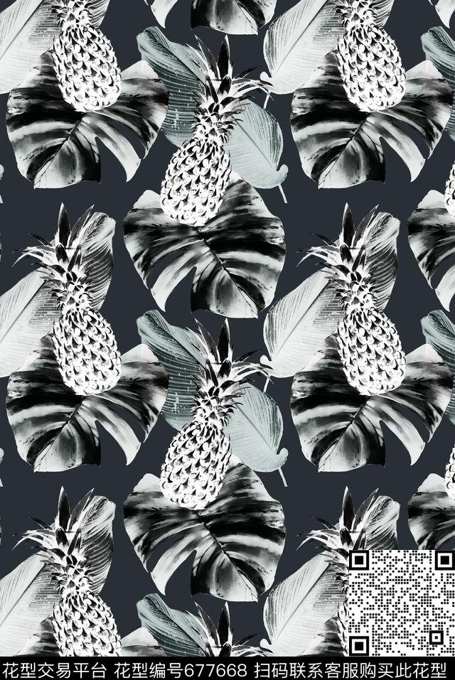 棕榈叶热带菠萝数码印花华亿平台下载（图片编号: 677668） - 瓦栏（Walan）