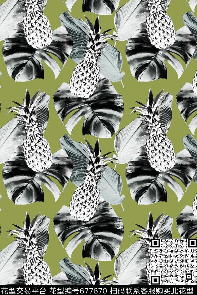棕榈叶热带菠萝数码印花华亿平台下载（图片编号: 677670） - 瓦栏（Walan）