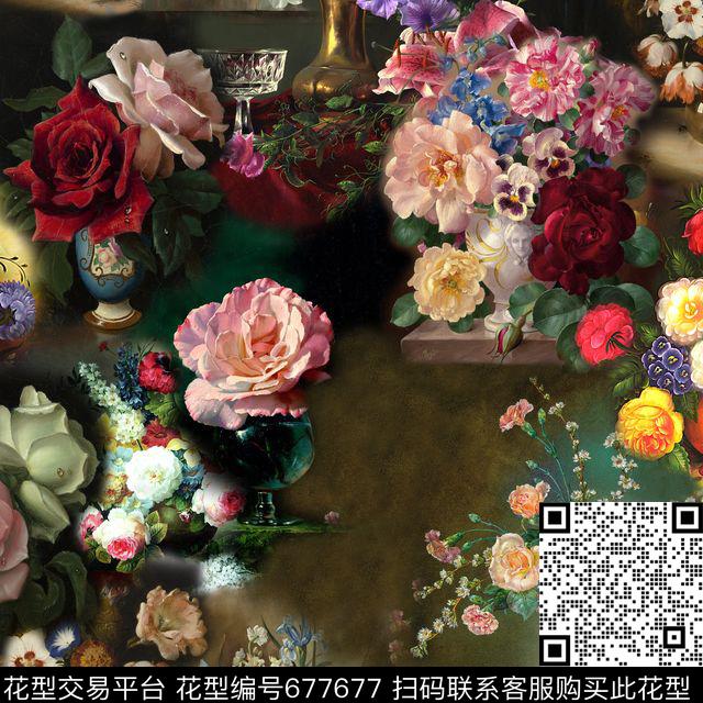 玫瑰花朵花卉数码印花华亿平台下载（图片编号: 677677） - 瓦栏（Walan）