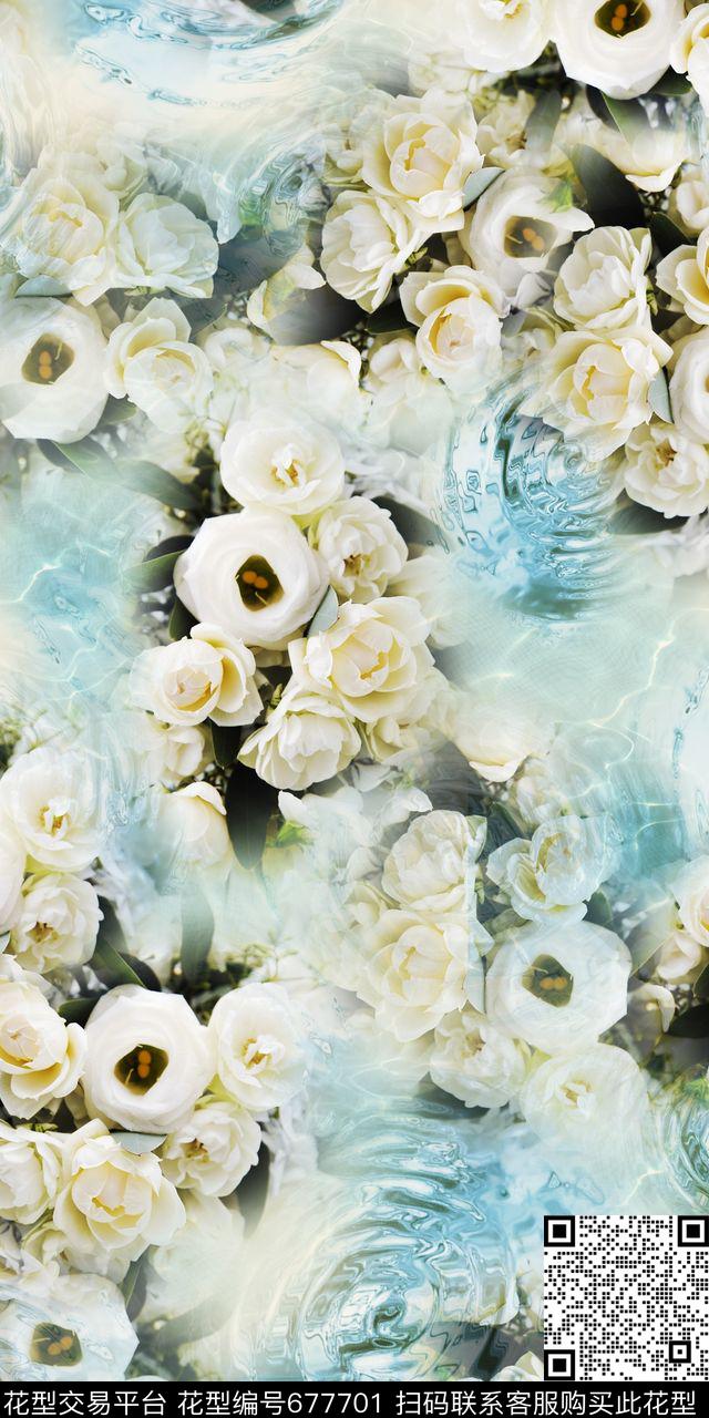 白色玫瑰清爽水波数码印花华亿平台下载（图片编号: 677701） - 瓦栏（Walan）