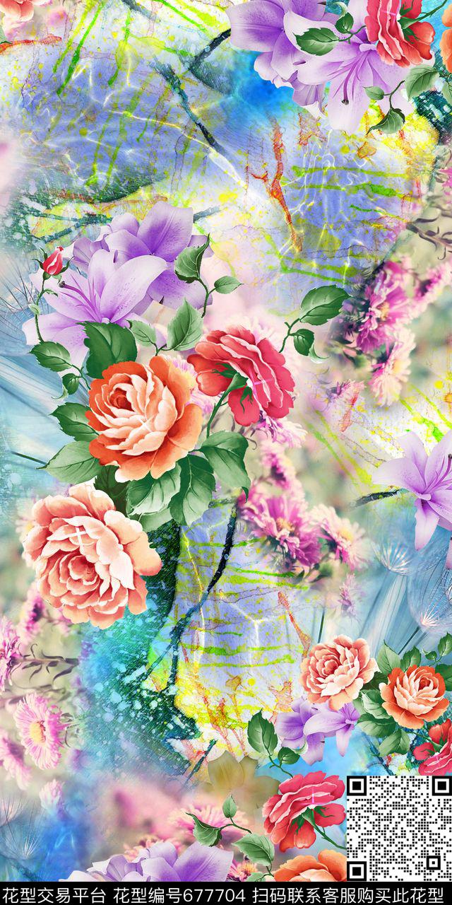 水波底闪电炫光多彩花卉数码印花华亿平台下载（图片编号: 677704） - 瓦栏（Walan）