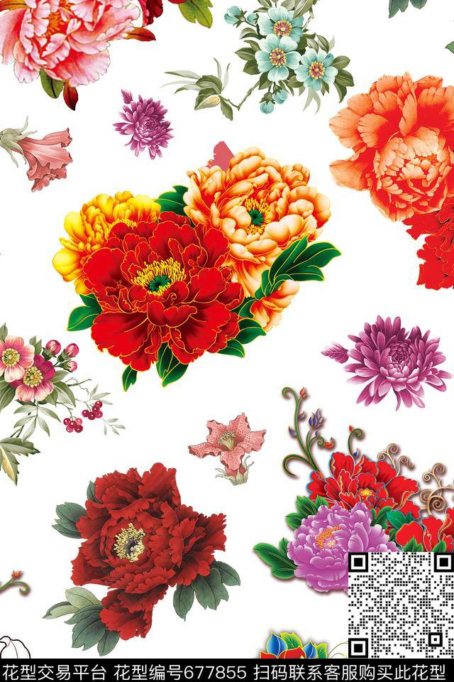 牡丹花朵花卉数码印花华亿平台下载（图片编号: 677855） - 瓦栏（Walan）