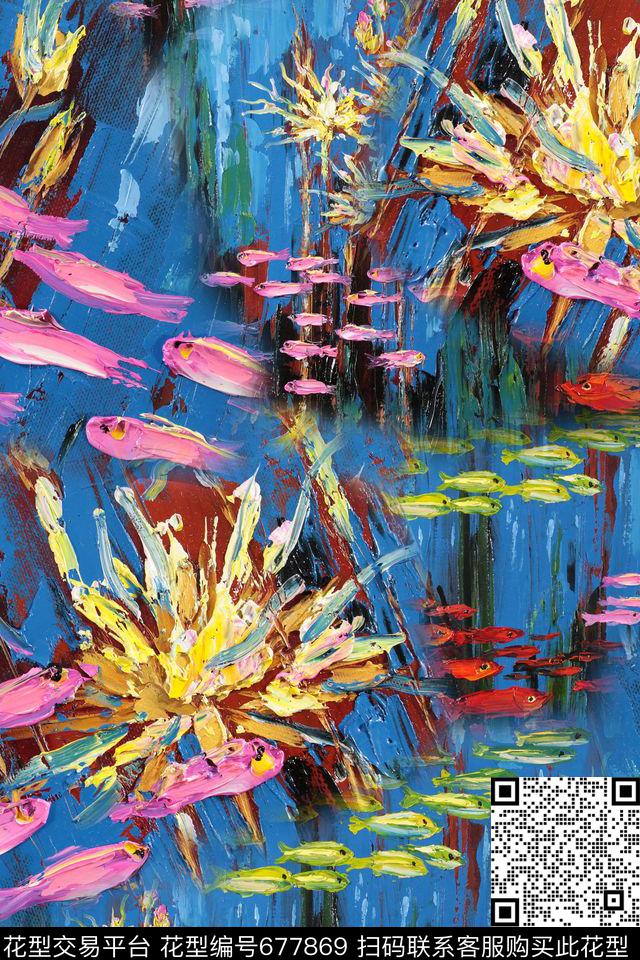 抽象花卉油画肌理游鱼数码印花华亿平台下载（图片编号: 677869） - 瓦栏（Walan）