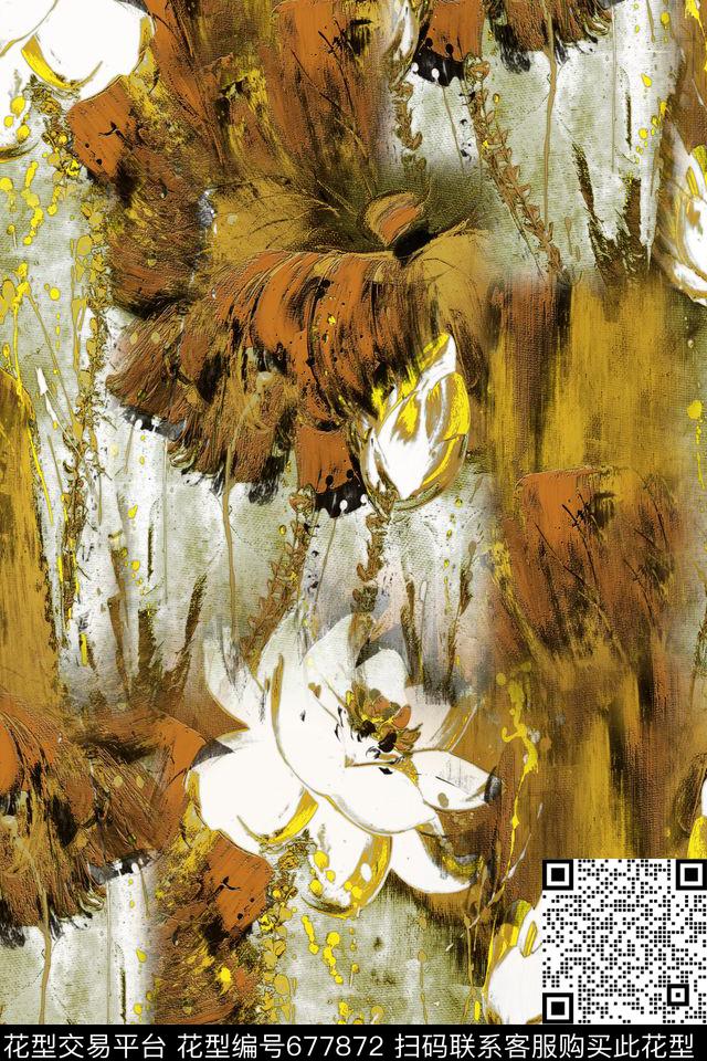 手绘荷花水墨荷花冬装数码印花华亿平台下载（图片编号: 677872） - 瓦栏（Walan）