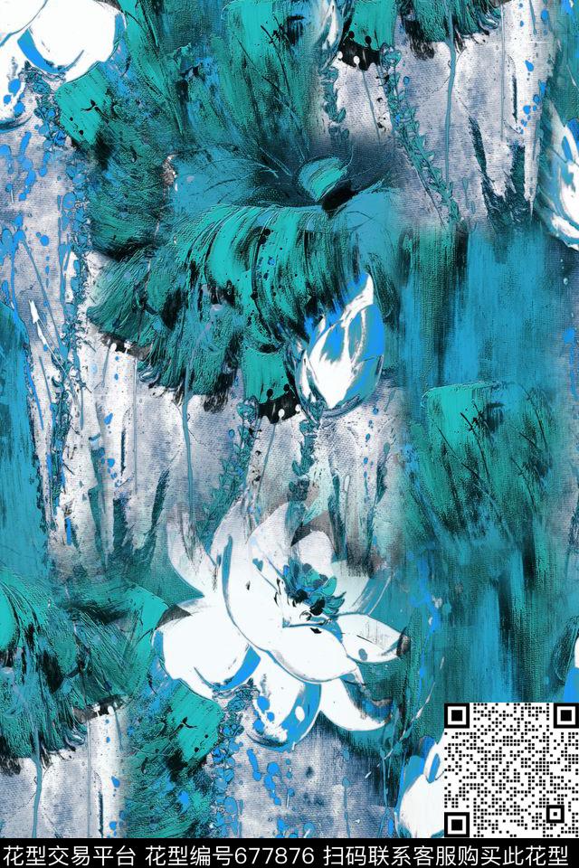 手绘荷花水墨荷花冬装数码印花华亿平台下载（图片编号: 677876） - 瓦栏（Walan）