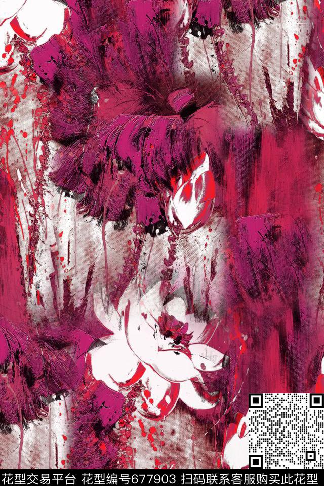 手绘荷花水墨荷花冬装数码印花华亿平台下载（图片编号: 677903） - 瓦栏（Walan）