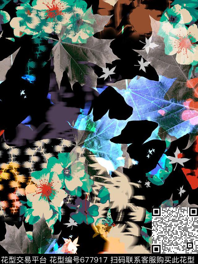 花卉不规则几何枫叶数码印花华亿平台下载（图片编号: 677917） - 瓦栏（Walan）