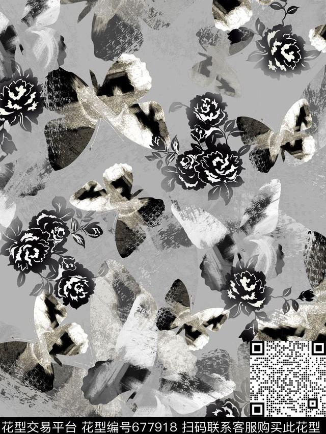 花卉花朵抽象蝴蝶数码印花华亿平台下载（图片编号: 677918） - 瓦栏（Walan）