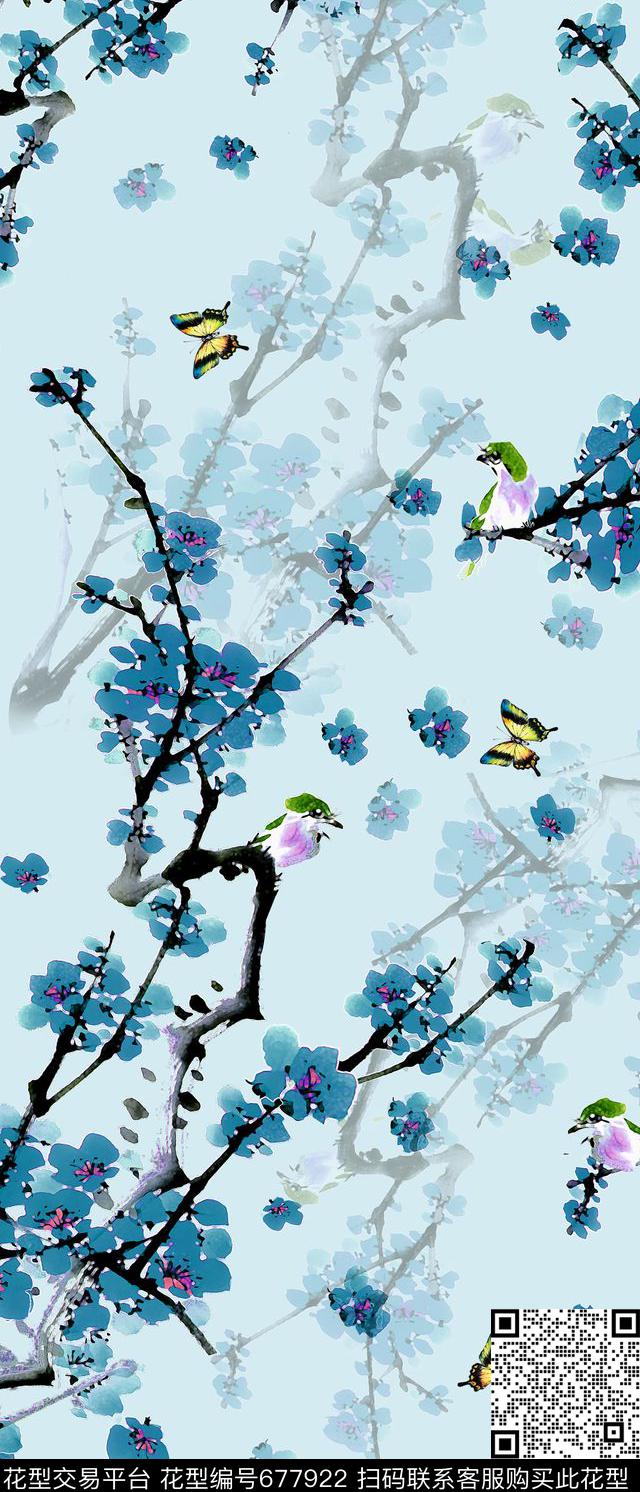 中国风梅花花鸟蝴蝶数码印花华亿平台下载（图片编号: 677922） - 瓦栏（Walan）