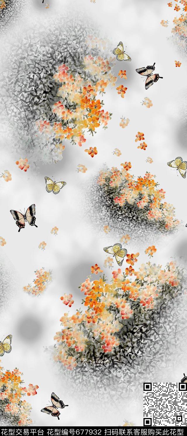 花卉花鸟蝴蝶中国风数码印花华亿平台下载（图片编号: 677932） - 瓦栏（Walan）