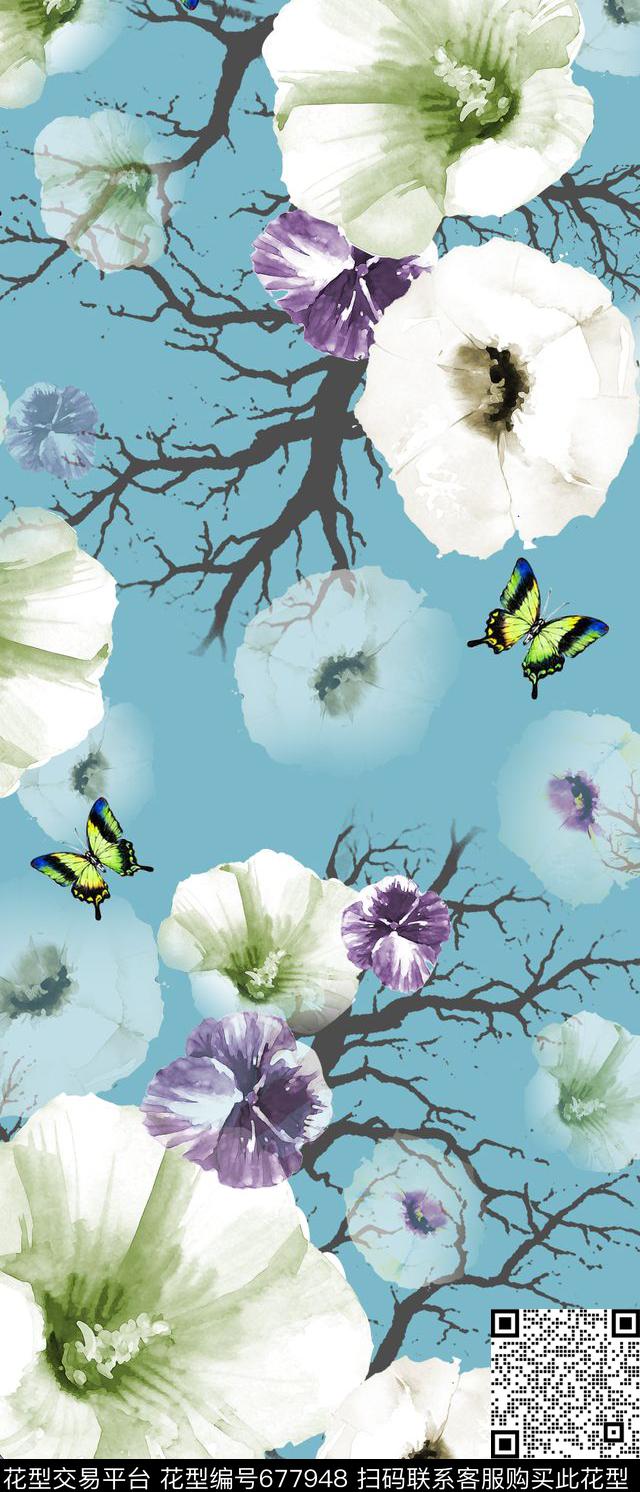 抽象花卉几何清新花卉数码印花华亿平台下载（图片编号: 677948） - 瓦栏（Walan）