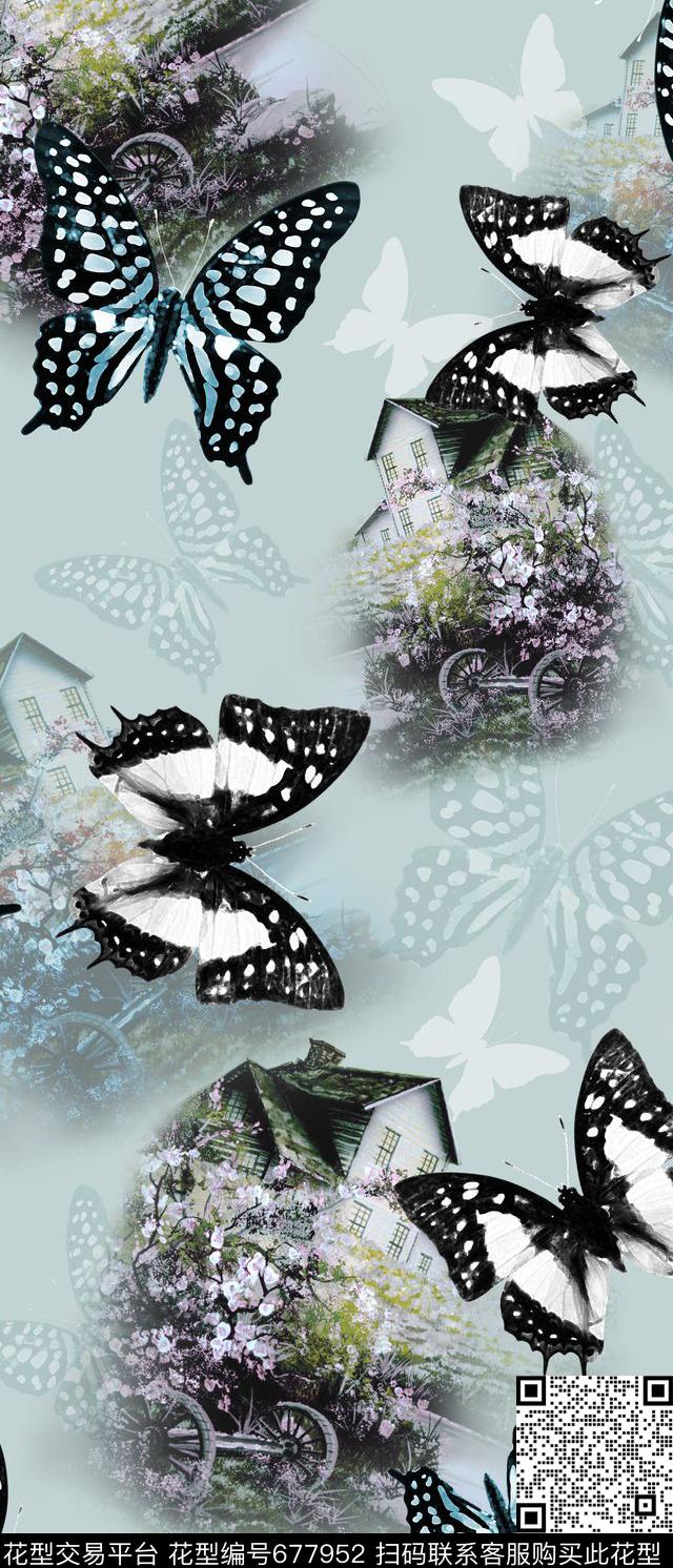 复古花卉建筑蝴蝶数码印花华亿平台下载（图片编号: 677952） - 瓦栏（Walan）