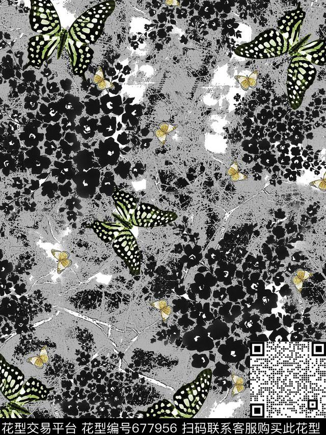 抽象花卉复古花卉蝴蝶数码印花华亿平台下载（图片编号: 677956） - 瓦栏（Walan）