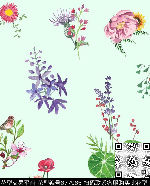 手绘水彩花卉数码印花华亿平台下载（图片编号: 677965） - 瓦栏（Walan）